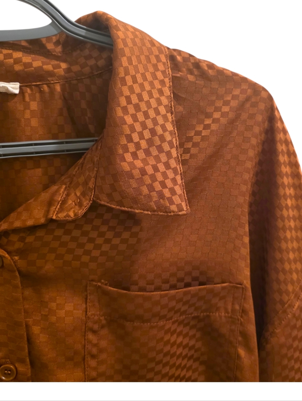 Hem & Thread Rust Bronze Checkered Satin Button Down Shirt Size M - Picture 3 of 5